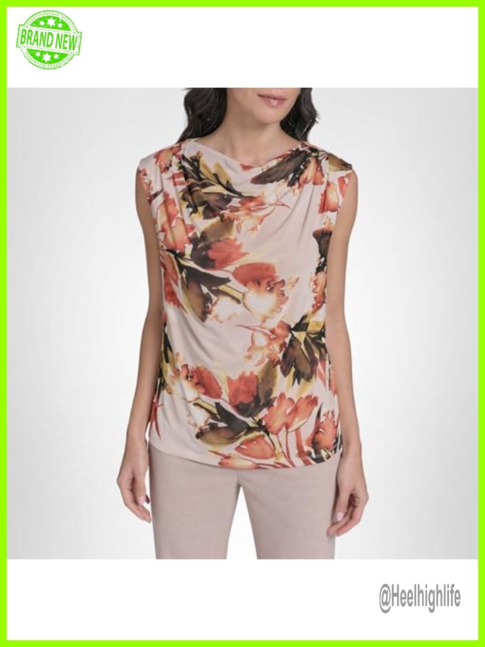 Calvin Klein Drape Neck Sleeveless Knit Top Floral High Stretch